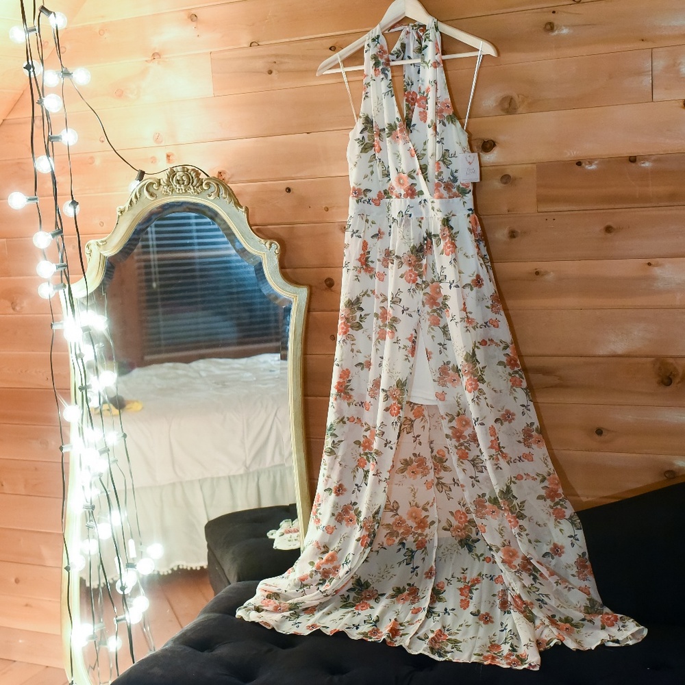NWT Three Bird Nest Maxi Floral Halter with Slit